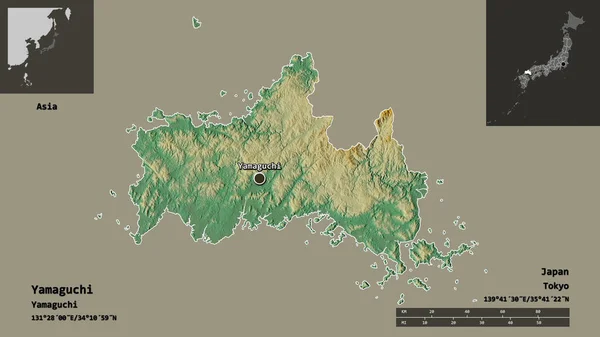 日本山口县及其首府的形状 距离刻度 预览和标签 地形浮雕图 3D渲染 — 图库照片