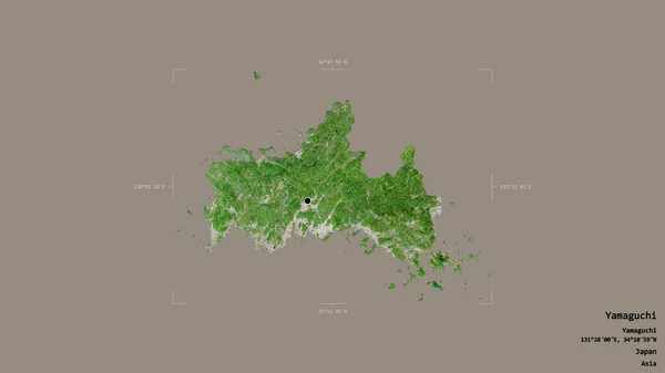 日本の山口県の地域は 地理的な境界線の箱の中にしっかりとした背景に隔離されています ラベル 衛星画像 3Dレンダリング — ストック写真