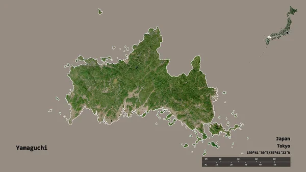 日本の山口県の形で その首都はしっかりとした背景に隔離されています 距離スケール リージョンプレビュー およびラベル 衛星画像 3Dレンダリング — ストック写真