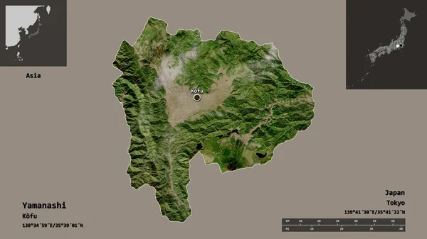 山梨県 日本の県とその首都の形 距離スケール プレビューおよびラベル 衛星画像 3Dレンダリング — ストック写真