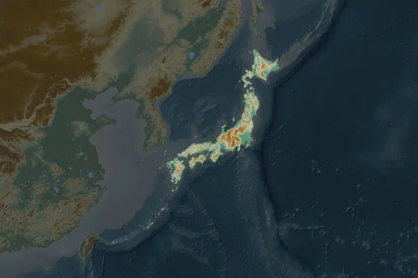 Kształt Japonii Oddzielony Desaturacją Sąsiednich Obszarów Mapa Pomocy Topograficznej Renderowanie — Zdjęcie stockowe