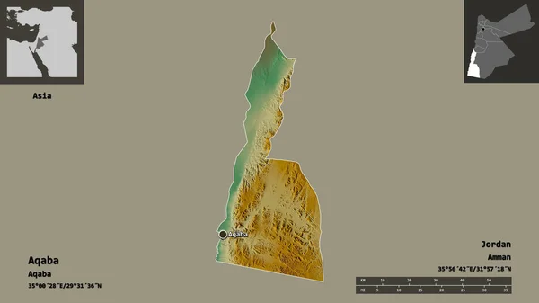 约旦省亚喀巴的形状及其首都 距离刻度 预览和标签 地形浮雕图 3D渲染 — 图库照片