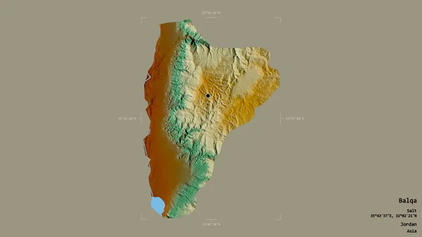 约旦省巴尔卡地区 以坚实的背景隔离在一个地理参照框中 地形浮雕图 3D渲染 — 图库照片