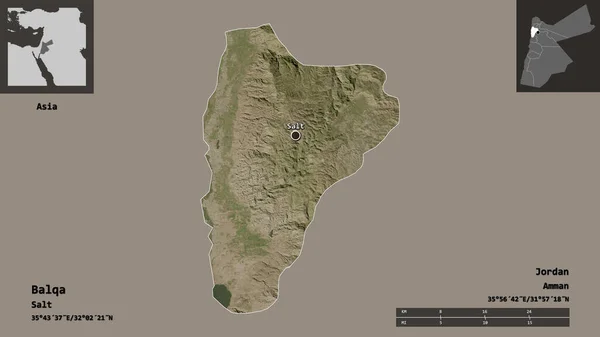 约旦省巴尔卡的形状及其首都 距离刻度 预览和标签 卫星图像 3D渲染 — 图库照片