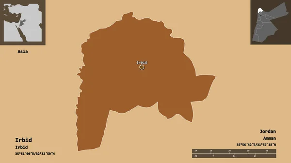 约旦省伊尔比德的形状及其首都 距离刻度 预览和标签 图形纹理的组成 3D渲染 — 图库照片