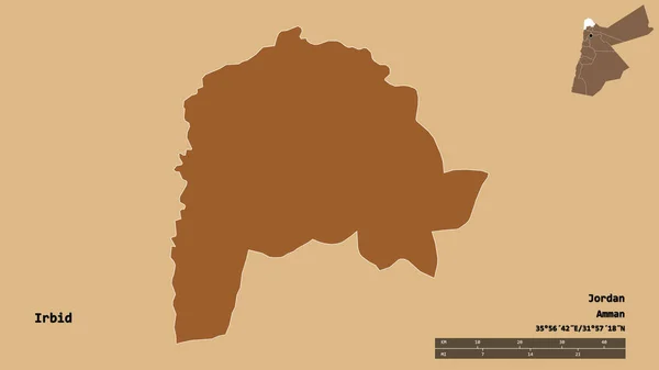 ヨルダンの州 イルビドの形状は その首都はしっかりとした背景に隔離されています 距離スケール リージョンプレビュー およびラベル パターン化されたテクスチャの構成 3Dレンダリング — ストック写真