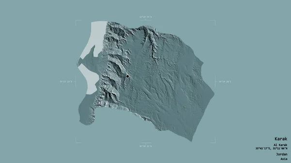 ヨルダンの州カラクの地域は 洗練された境界ボックスにしっかりとした背景に隔離されています ラベル 色の標高マップ 3Dレンダリング — ストック写真