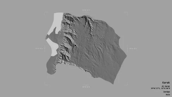 ヨルダンの州カラクの地域は 洗練された境界ボックスにしっかりとした背景に隔離されています ラベル 標高マップ 3Dレンダリング — ストック写真