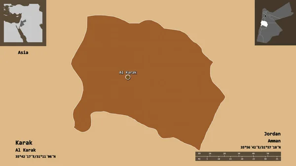 Formen Karak Provinsen Jordanien Och Dess Huvudstad Avståndsskala Förhandsvisningar Och — Stockfoto