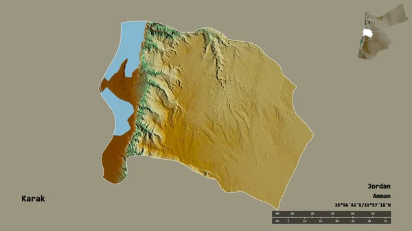约旦省卡拉克的形状 其首都在坚实的背景下与世隔绝 距离尺度 区域预览和标签 地形浮雕图 3D渲染 — 图库照片