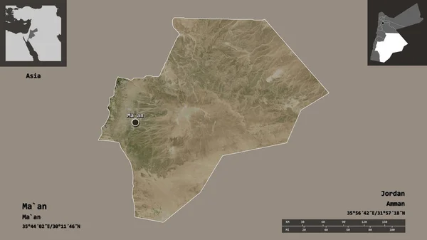 Formen Provinsen Jordanien Och Dess Huvudstad Avståndsskala Förhandsvisningar Och Etiketter — Stockfoto