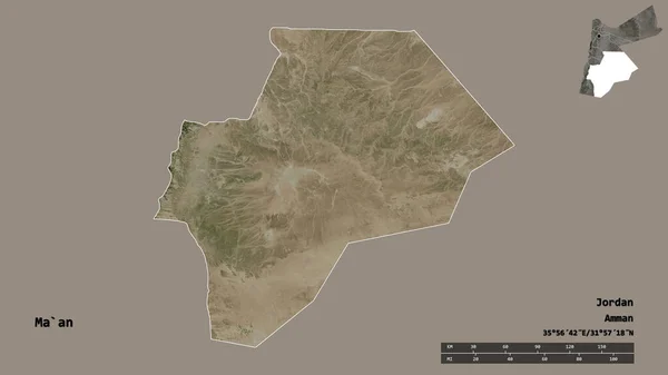 约旦省马安市的形状 其首都在坚实的背景下与世隔绝 距离尺度 区域预览和标签 卫星图像 3D渲染 — 图库照片