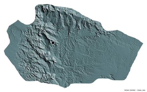 Ürdün 'ün başkenti Tafilah' ın beyaz arka planda izole edilmiş hali. Renkli yükseklik haritası. 3B görüntüleme