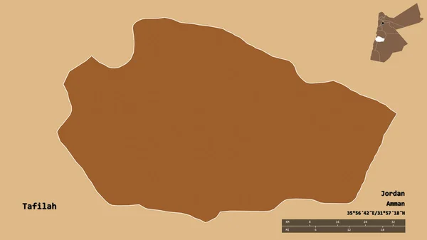 ヨルダンの州 タフィラの形状は その首都はしっかりとした背景に隔離されています 距離スケール リージョンプレビュー およびラベル パターン化されたテクスチャの構成 3Dレンダリング — ストック写真