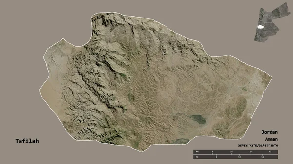 约旦省塔菲拉的形状 其首都在坚实的背景下与世隔绝 距离尺度 区域预览和标签 卫星图像 3D渲染 — 图库照片