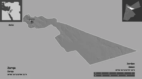 约旦省扎卡省的形状及其首府 距离刻度 预览和标签 Bilevel高程图 3D渲染 — 图库照片