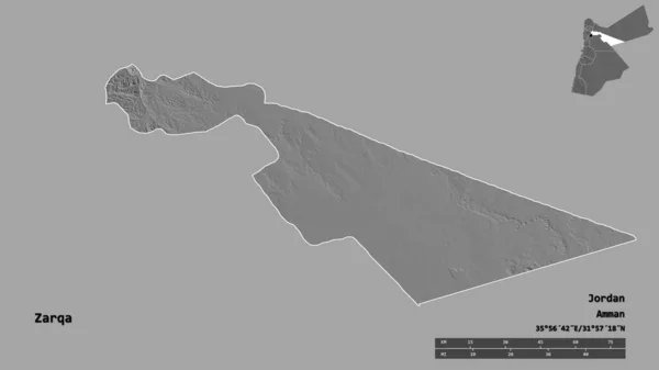 ヨルダンの州 ザルカの形状は その首都はしっかりとした背景に隔離されています 距離スケール リージョンプレビュー およびラベル 標高マップ 3Dレンダリング — ストック写真
