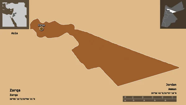 ヨルダンの州ザルカとその首都の形 距離スケール プレビューおよびラベル パターン化されたテクスチャの構成 3Dレンダリング — ストック写真