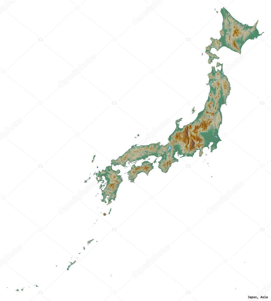 Shape of Japan with its capital isolated on white background. Topographic relief map. 3D rendering