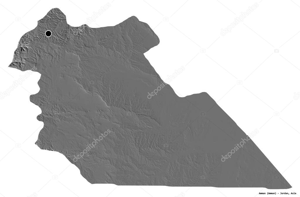 Shape of Amman, province of Jordan, with its capital isolated on white background. Bilevel elevation map. 3D rendering
