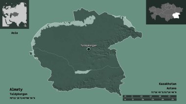 Almaty 'nin şekli, Kazakistan bölgesi ve başkenti. Uzaklık ölçeği, ön gösterimler ve etiketler. Renkli yükseklik haritası. 3B görüntüleme