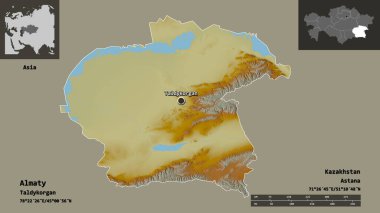 Almaty 'nin şekli, Kazakistan bölgesi ve başkenti. Uzaklık ölçeği, ön gösterimler ve etiketler. Topografik yardım haritası. 3B görüntüleme