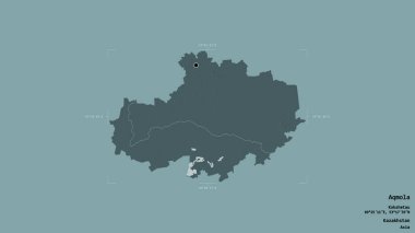 Aqmola bölgesi, Kazakistan bölgesi, jeoreferatlı bir sınır kutusunda sağlam bir arka planda izole edilmiş. Etiketler. Renkli yükseklik haritası. 3B görüntüleme