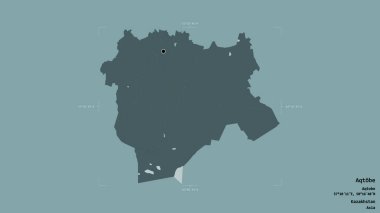 Aqtobe bölgesi, Kazakistan bölgesi, katı bir arka planda izole edilmiş bir sınır kutusunda. Etiketler. Renkli yükseklik haritası. 3B görüntüleme