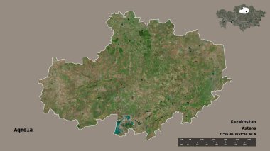 Kazakistan 'ın Aqmola bölgesi, başkenti katı bir zemin üzerinde izole edilmiştir. Uzaklık ölçeği, bölge önizlemesi ve etiketleri. Uydu görüntüleri. 3B görüntüleme