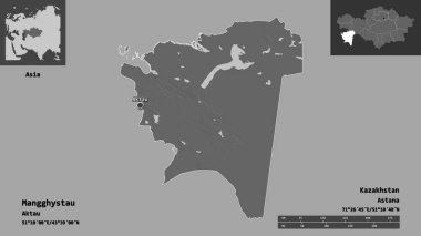 Mangghystau 'nun şekli, Kazakistan bölgesi ve başkenti. Uzaklık ölçeği, ön gösterimler ve etiketler. Çift seviyeli yükseklik haritası. 3B görüntüleme
