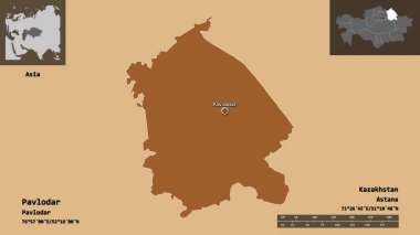 Pavlodar 'ın şekli, Kazakistan bölgesi ve başkenti. Uzaklık ölçeği, ön gösterimler ve etiketler. Desenli dokuların bileşimi. 3B görüntüleme