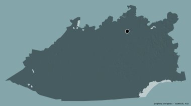 Qaraghandy 'nin şekli, Kazakistan bölgesi, başkenti katı bir renk arkaplanı ile izole edilmiş. Renkli yükseklik haritası. 3B görüntüleme