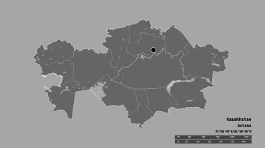 Başkenti, ana bölgesel bölümü ve ayrılmış Kaghandy bölgesiyle birlikte Kazakistan 'ın deforme edilmiş şekli. Etiketler. Çift seviyeli yükseklik haritası. 3B görüntüleme