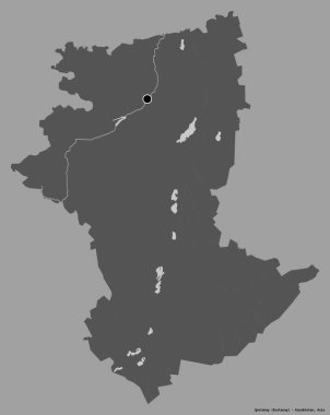 Kazakistan 'ın Kazakistan bölgesinin Qostanay şekli, başkenti katı bir renk arkaplanı ile izole edilmiş. Çift seviyeli yükseklik haritası. 3B görüntüleme