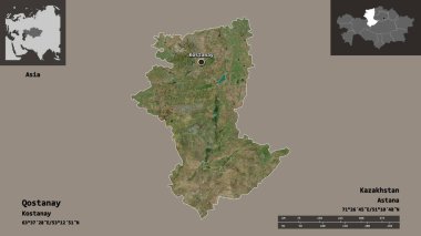 Qostanay 'ın şekli, Kazakistan bölgesi ve başkenti. Uzaklık ölçeği, ön gösterimler ve etiketler. Uydu görüntüleri. 3B görüntüleme