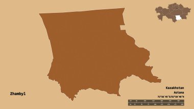 Kazakistan 'ın Zhambyl bölgesi, başkenti sağlam bir zemin üzerinde izole edilmiş. Uzaklık ölçeği, bölge önizlemesi ve etiketleri. Desenli dokuların bileşimi. 3B görüntüleme