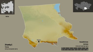 Zhambyl 'in şekli, Kazakistan bölgesi ve başkenti. Uzaklık ölçeği, ön gösterimler ve etiketler. Topografik yardım haritası. 3B görüntüleme