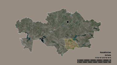 Başkenti, ana bölgesel bölümü ve ayrılmış Zhambyl bölgesiyle birlikte Kazakistan 'ın dejenere edilmiş şekli. Etiketler. Uydu görüntüleri. 3B görüntüleme