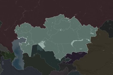 Kazakistan 'ın şekli, komşu bölgelerin dedoygunluğuyla ayrılır. Sınırlar. Renkli yükseklik haritası. 3B görüntüleme