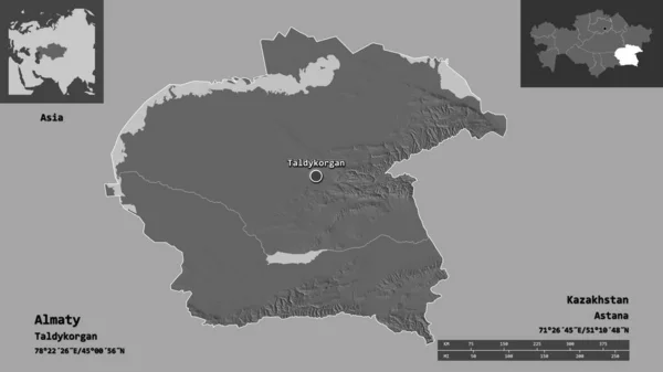 アルマティの形状 カザフスタンの地域 およびその首都 距離スケール プレビューおよびラベル 標高マップ 3Dレンダリング — ストック写真