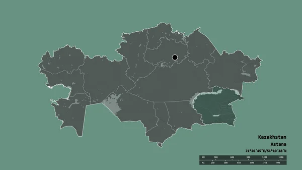 主要な地域部門と分離されたアルマトイ地域とカザフスタンの荒廃した形 ラベル 色の標高マップ 3Dレンダリング — ストック写真