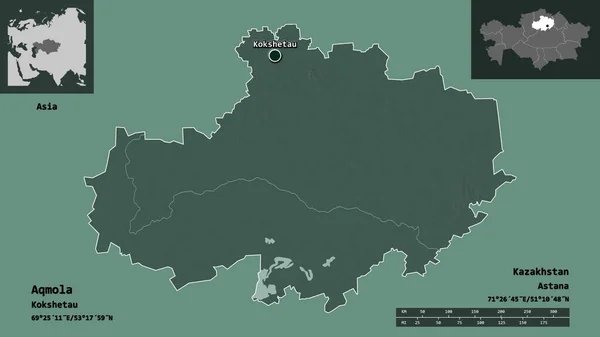 Form Akmola Regionen Kazakstan Och Dess Huvudstad Avståndsskala Förhandsvisningar Och — Stockfoto