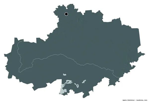 哈萨克斯坦亚克莫拉地区的形状 其首都被白色背景隔离 彩色高程图 3D渲染 — 图库照片