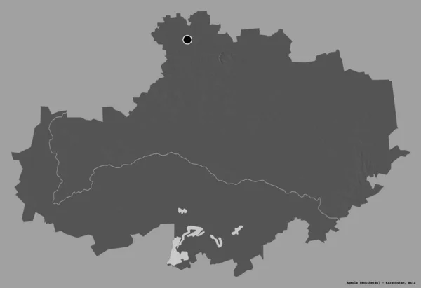 哈萨克斯坦亚克莫拉地区的形状 其首都以纯色背景隔离 Bilevel高程图 3D渲染 — 图库照片