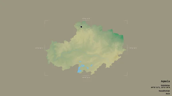 カザフスタンの地域であるアクモーラの地域は 洗練された境界ボックス内の強固な背景に隔離されています ラベル 地形図 3Dレンダリング — ストック写真