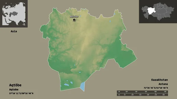 アクトベの形 カザフスタンの地域 およびその首都 距離スケール プレビューおよびラベル 地形図 3Dレンダリング — ストック写真