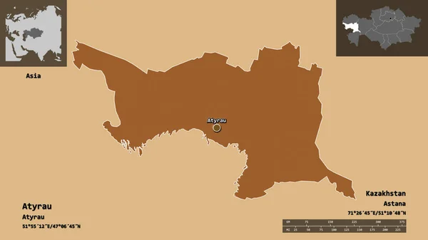 Form Atyrau Regionen Kazakstan Och Dess Huvudstad Avståndsskala Förhandsvisningar Och — Stockfoto