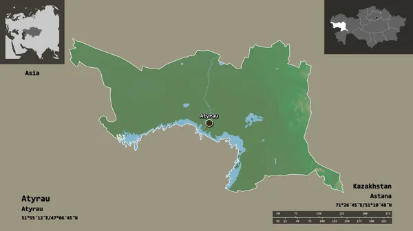 アティラウの形 カザフスタンの地域 およびその首都 距離スケール プレビューおよびラベル 地形図 3Dレンダリング — ストック写真