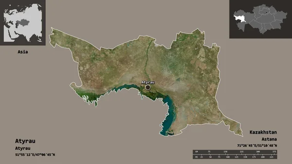 Form Atyrau Regionen Kazakstan Och Dess Huvudstad Avståndsskala Förhandsvisningar Och — Stockfoto