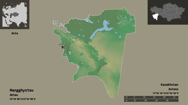 哈萨克斯坦地区及其首都Mangghystau的形状 距离刻度 预览和标签 地形浮雕图 3D渲染 — 图库照片